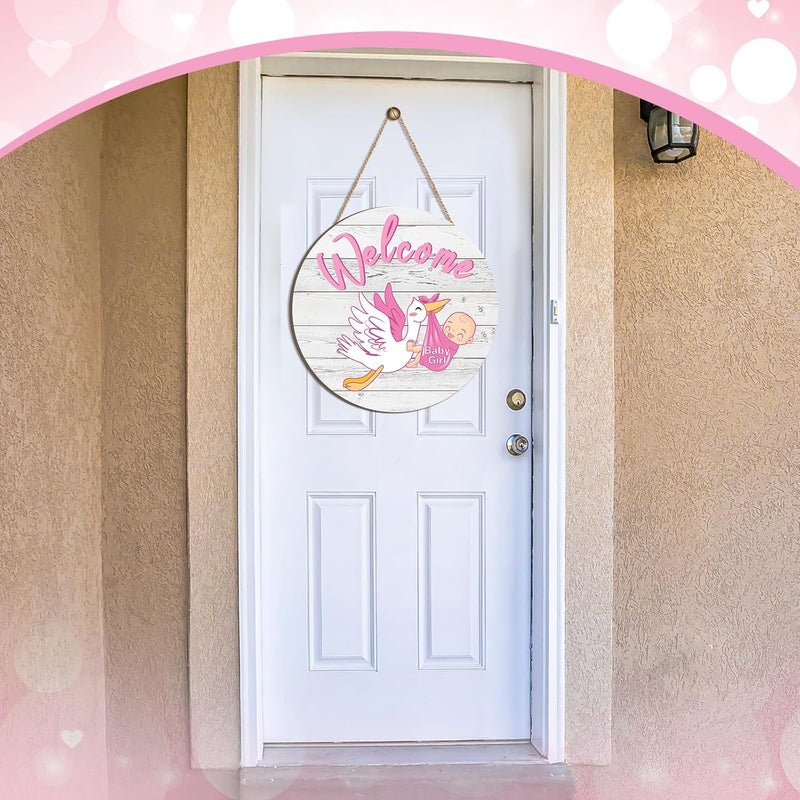 Chunful Baby Girl Door Sign Gender Reveal Welcome Sign Hanging Wreath Round Rustic Wood Farmhouse Decorations Holiday Front Door Decor for Baby Shower Porch Party Supplies - Image 5